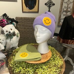 Purple and Green Beanie Set with Smiley Patches One Size Fits Most New